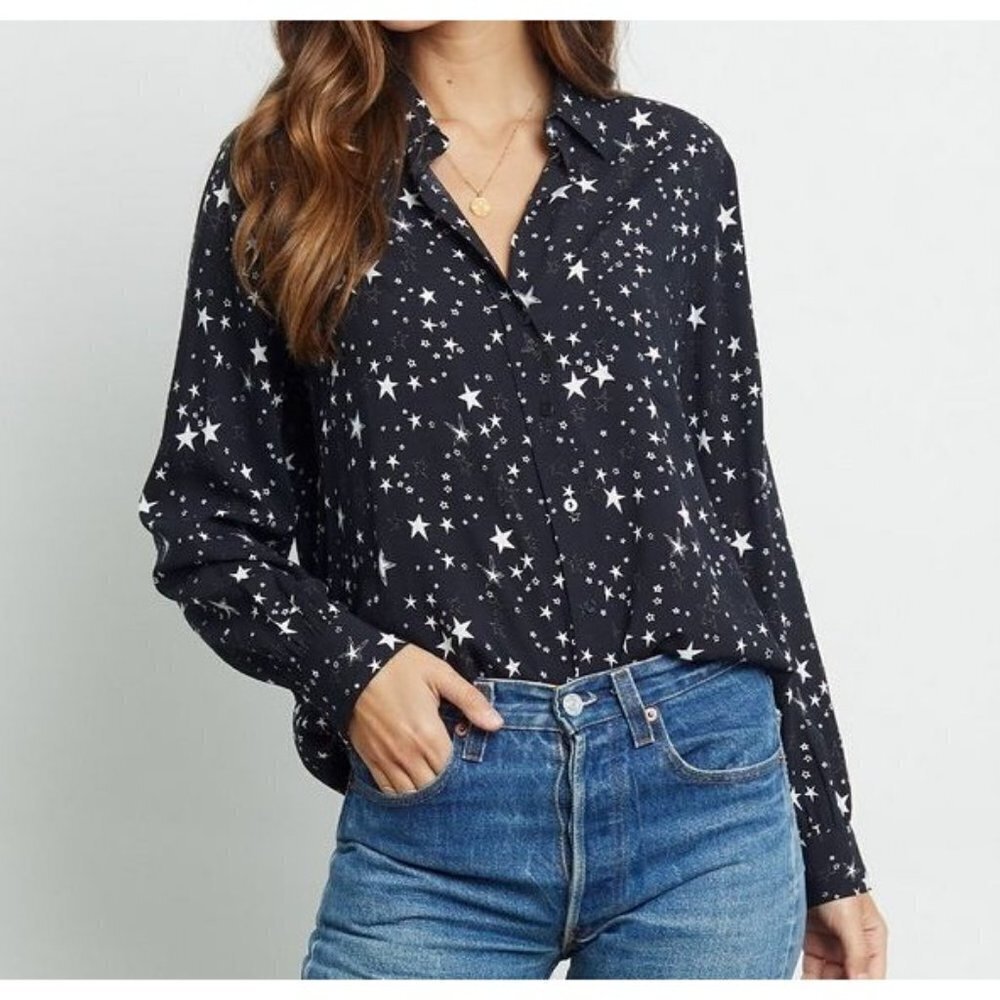 Rails Noemi Star Print Long Sleeve Black Galaxy Shirt Button Front  Lightweight‎